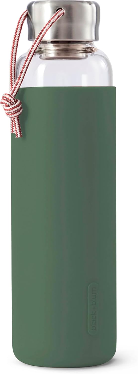 BLACK+BLUM Glass Water Bottle with Sleeve, 20oz/600ml, Olive